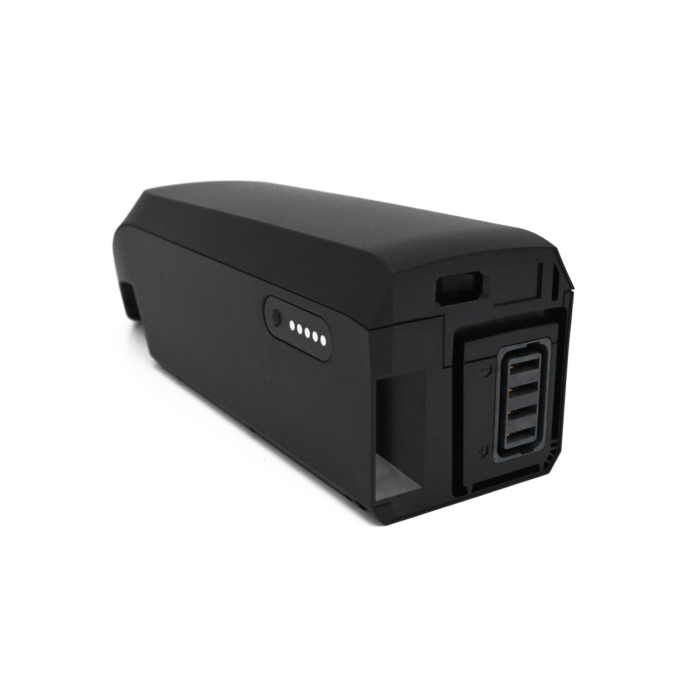 foto van de Shimano BT-E6010 36V 11.6Ah vanaf de achterkant waar je de aansluiting van de accu voor in de fiets ziet en de batterij indicator die aangeeft hoeveel percentage er nog beschikbaar is