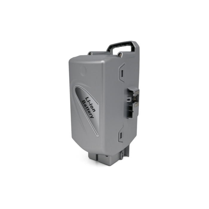 foto van de Flyer Kalkhoff Panasonic Compatibel 26V 13Ah Fietsaccu vanaf de achterkant waar je ''Li-ion Battery'' ziet staan en de achterkant van de hendel zichtbaar is